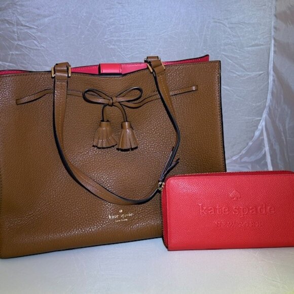Kate Spade Hayes Street Same Large Satchel Tan & Coral - Picture 1 of 4